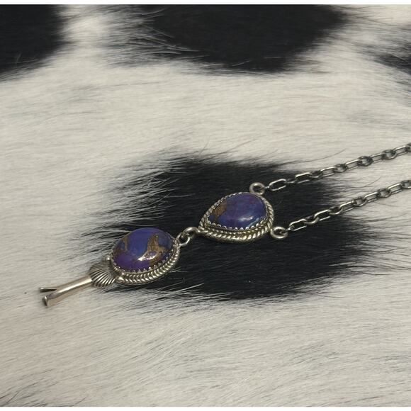 Native American Sterling Silver Purple Mojave 2 Stone Lariat Dangle Necklace - Picture 4 of 11